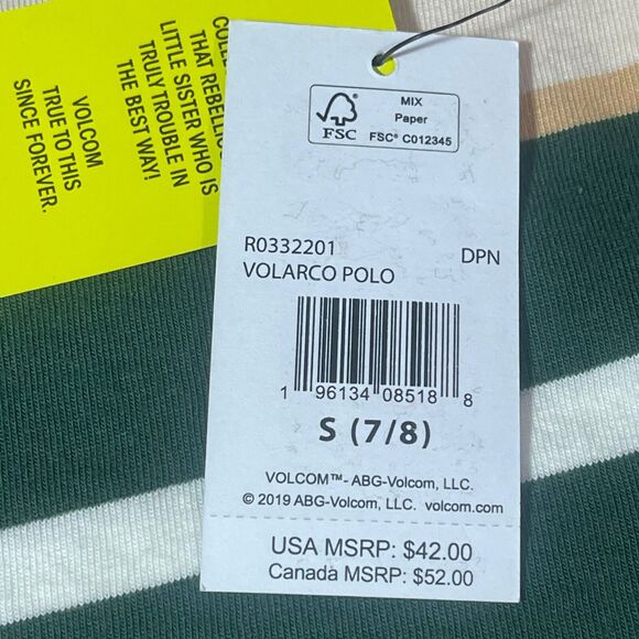 Volcom Girls Small Rugby Polo Shirt 7/8 Striped Long Sleeve NWT Beige - Picture 8 of 15